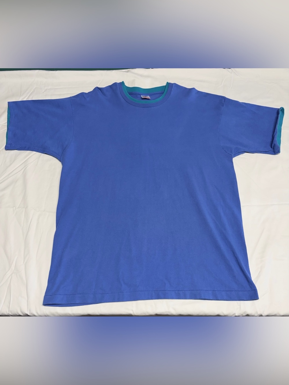 Vintage 90s Fruit of the Loom Blue Teal Double Collar Cuff Plain T Shirt Size XL